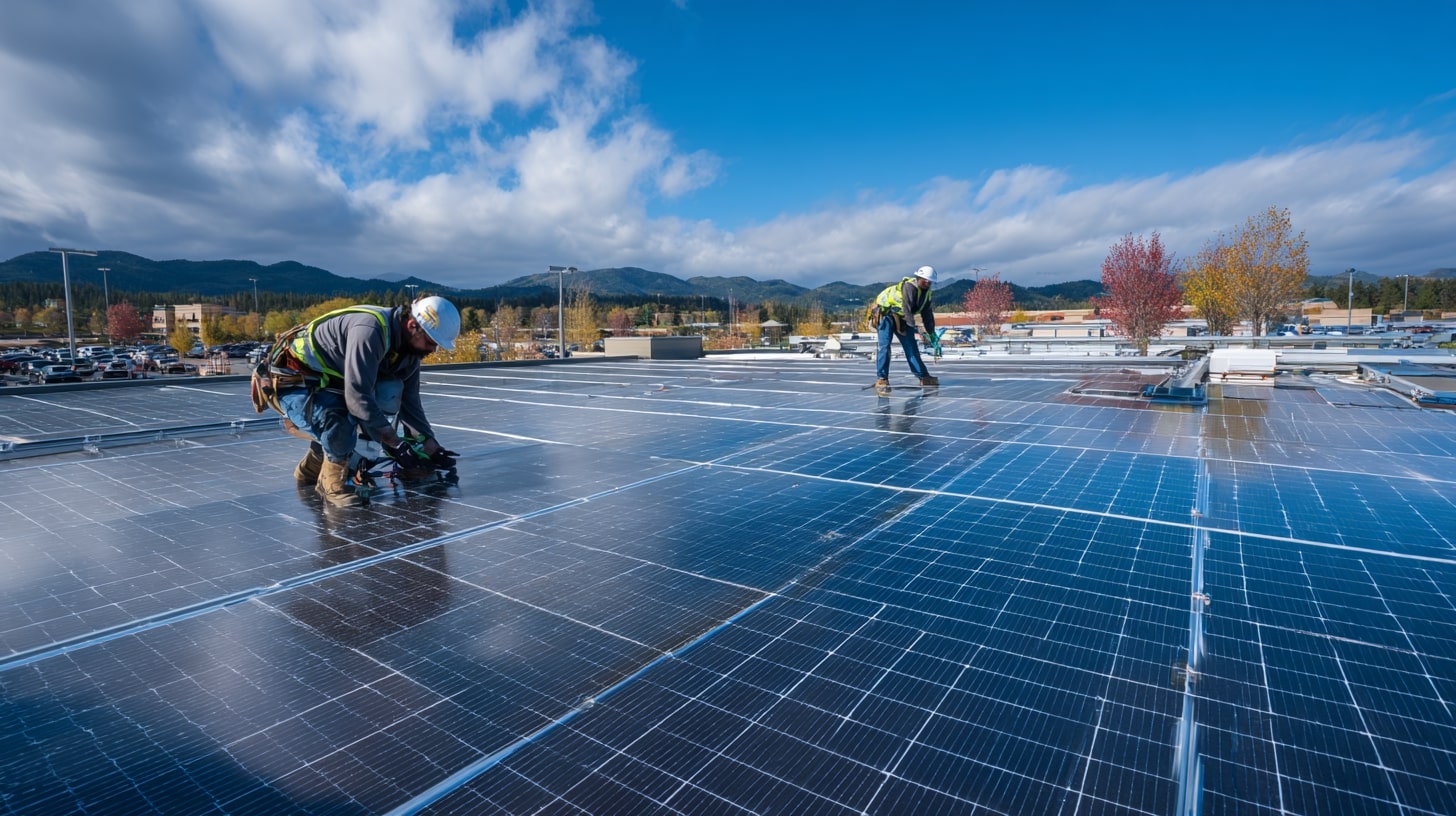 Installation de panneaux solaires sur un bâtiment professionnel dans une démarche de transition énergétique locale.