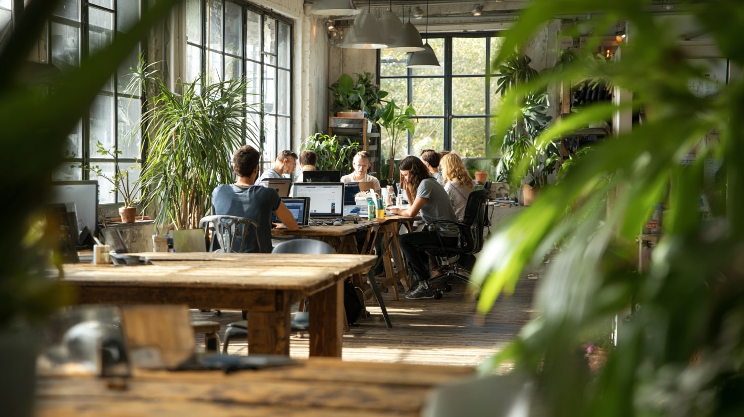 Espace de travail partagé réunissant des entrepreneurs et travailleurs locaux du Val d’Essonne.