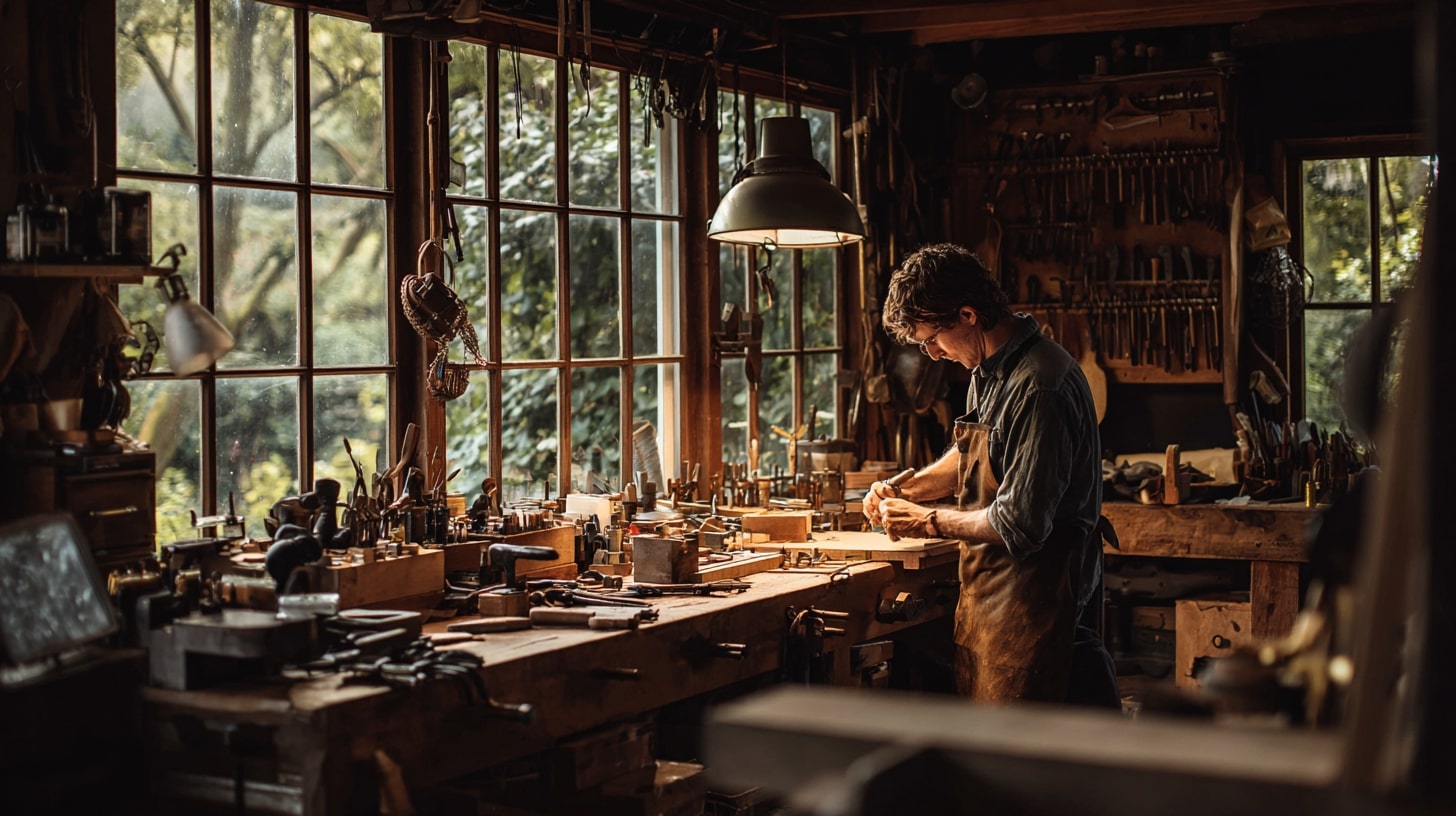 Artisan travaillant dans un atelier local, représentant le tissu des petites entreprises du Val d’Essonne.